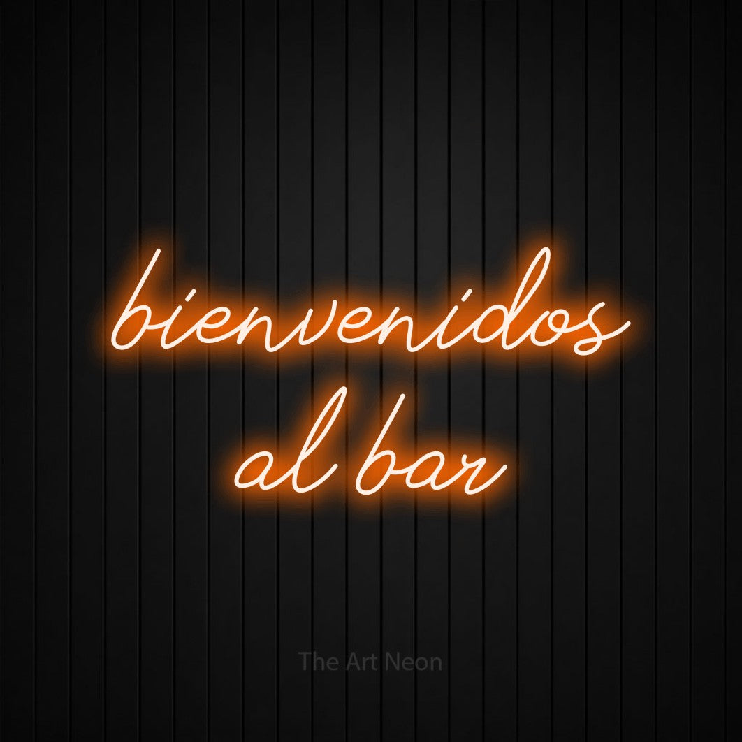 LED neon sign reading “bienvenidos al bar”, arranged in 2 lines.