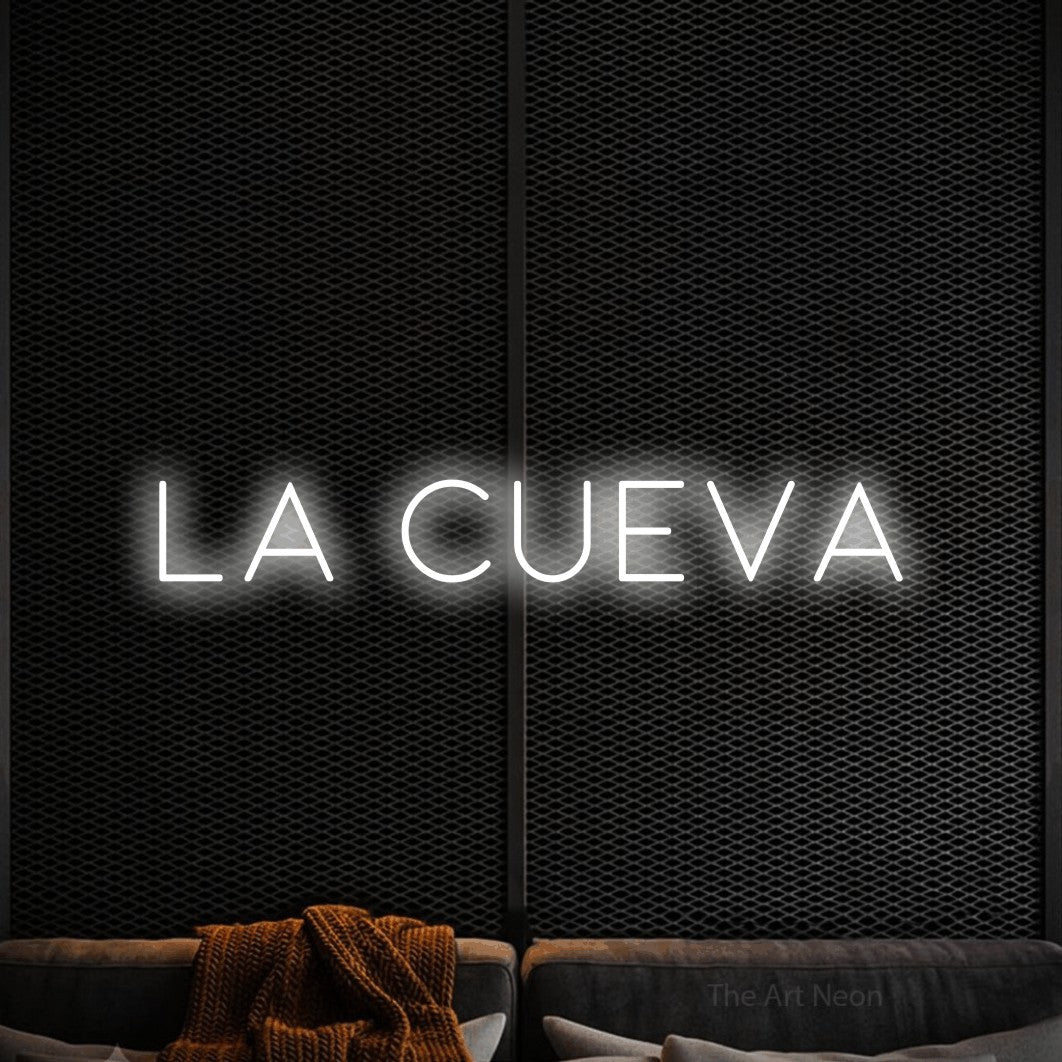 LED neon sign reading “LA CUEVA”, arranged in a single line.