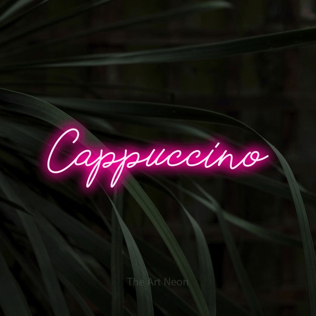 LED neon sign reading “Cappuccino”, arranged in a single line.