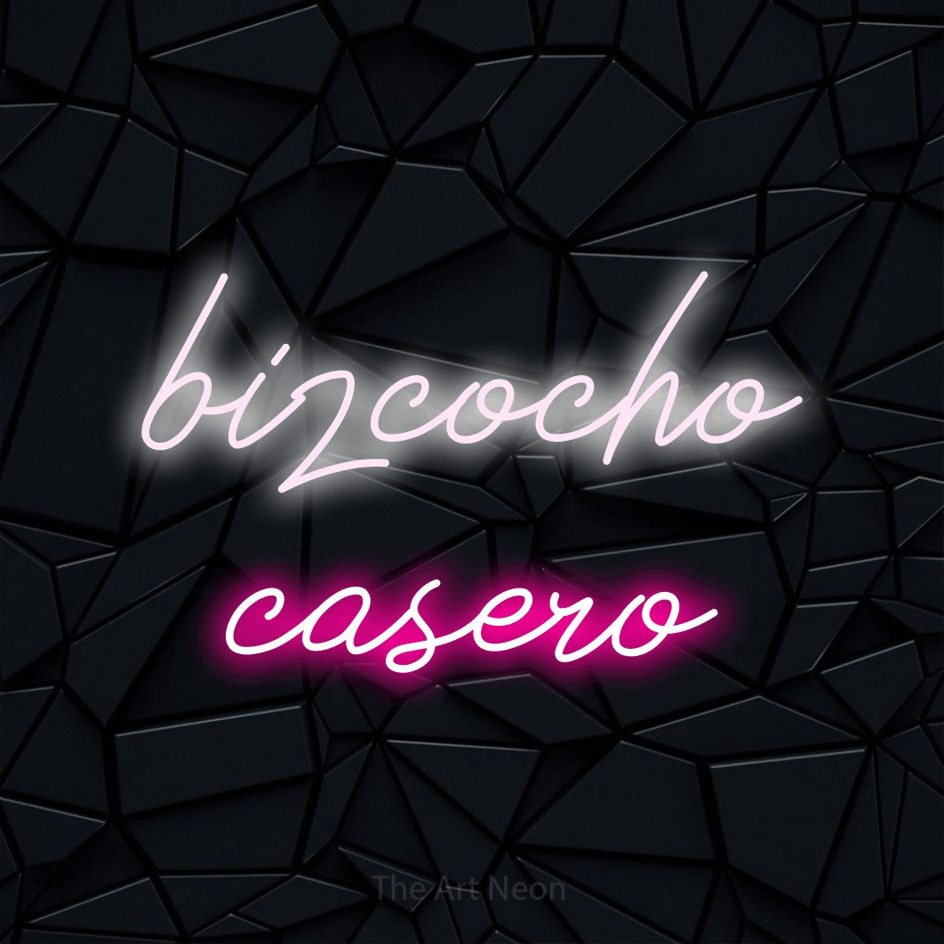 LED neon sign reading “bizcocho casero”, arranged in 2 lines.