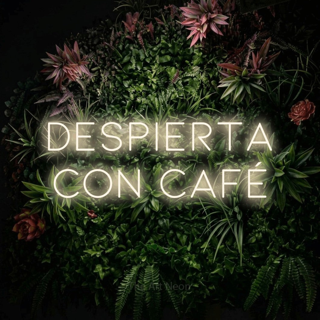 LED neon sign reading “despierta con café”, arranged in 2 lines.