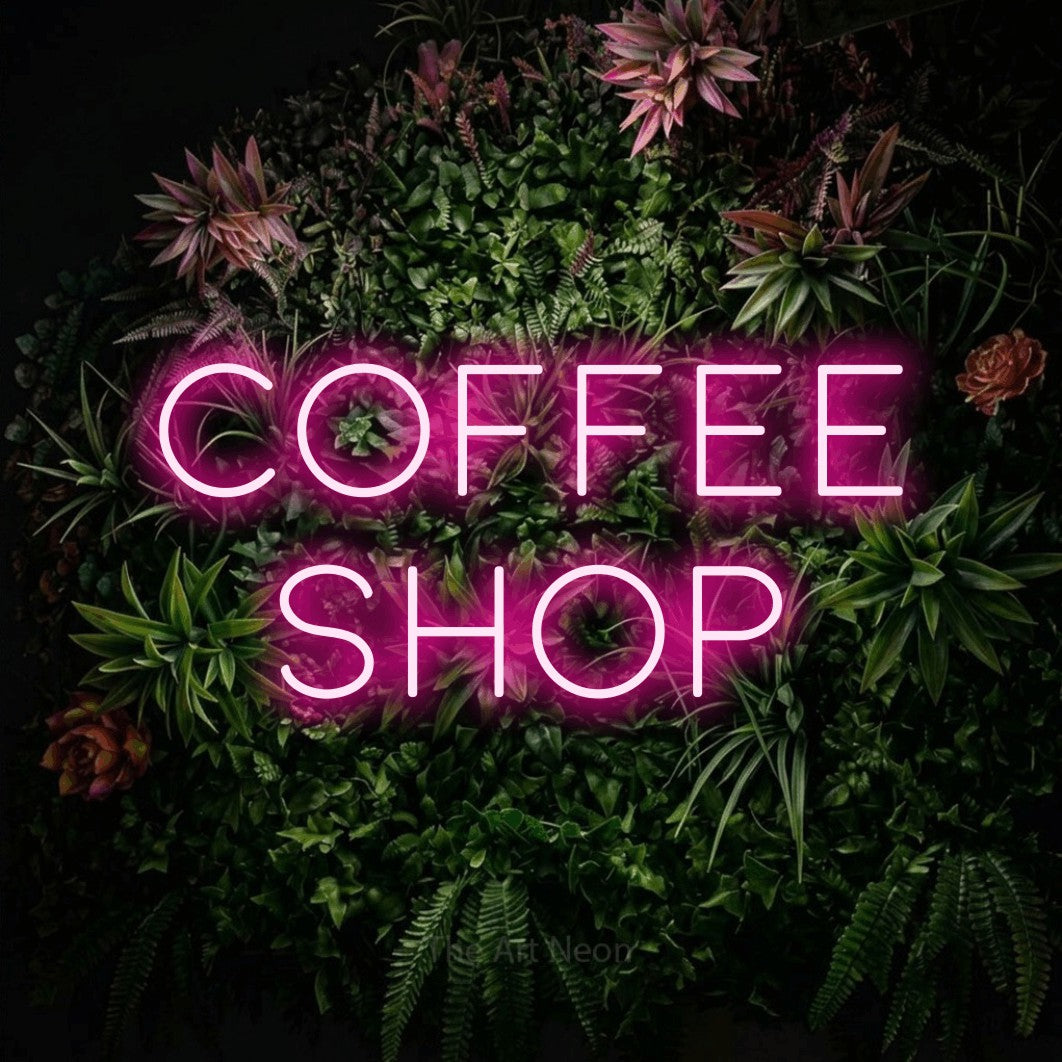 LED neon sign reading “Coffee Shop”, arranged in 2 lines.
