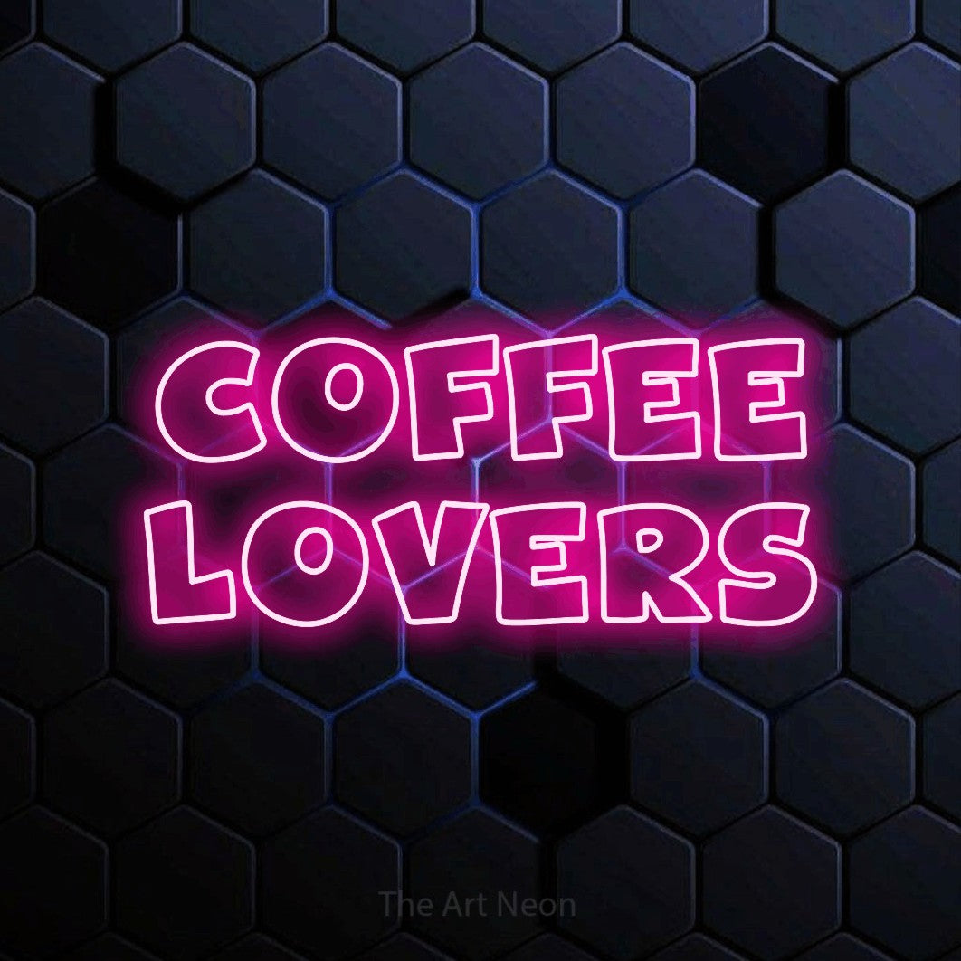 LED neon sign reading “COFFEE LOVERS”, arranged in 2 lines.