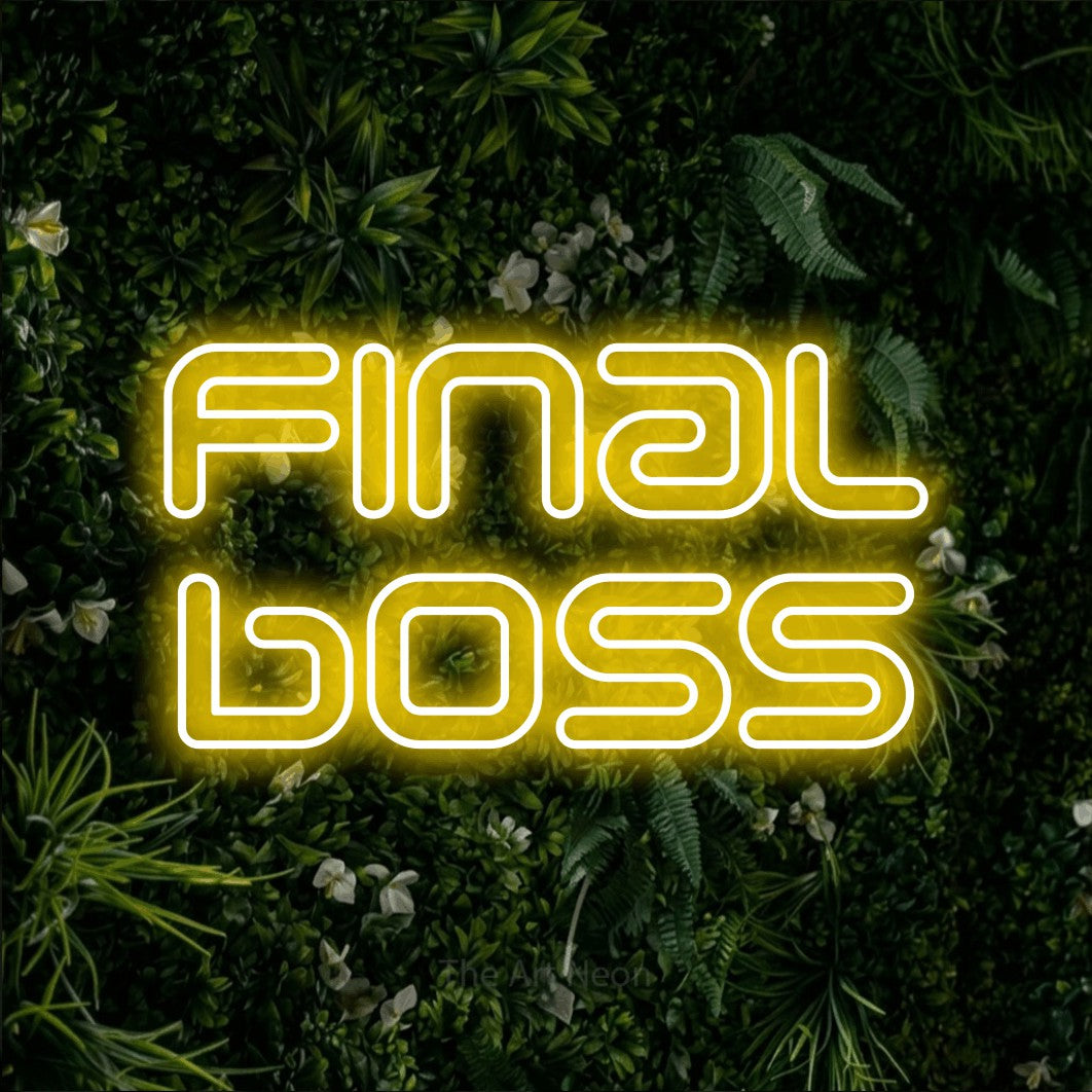 LED neon sign reading “final boss”, arranged in 2 lines.