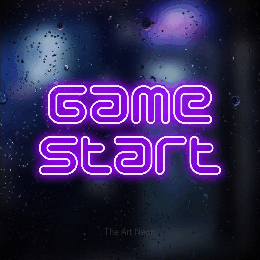 LED neon sign reading “Game Start”, arranged in 2 lines.