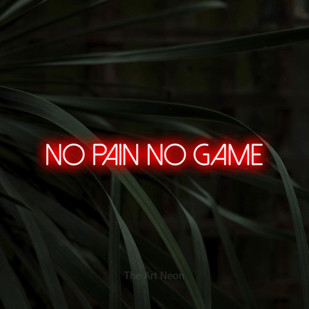 LED neon sign reading “no pain no game”, arranged in a single line.