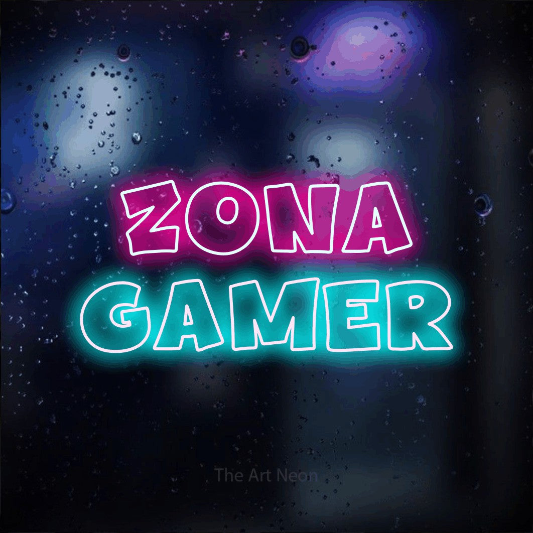 LED neon sign reading “Zona Gamer”, arranged in 2 lines.