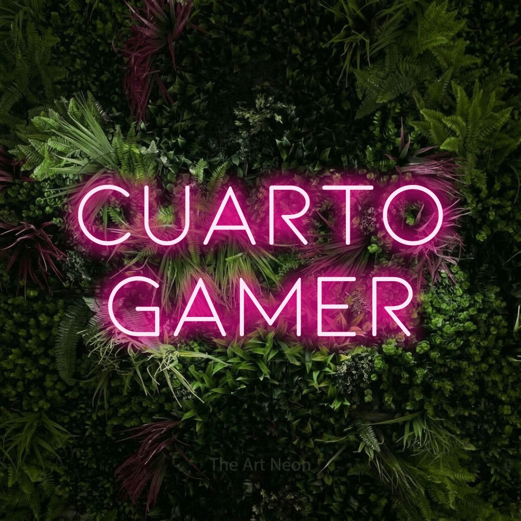 LED neon sign reading “Cuarto gamer”, arranged in 2 lines.