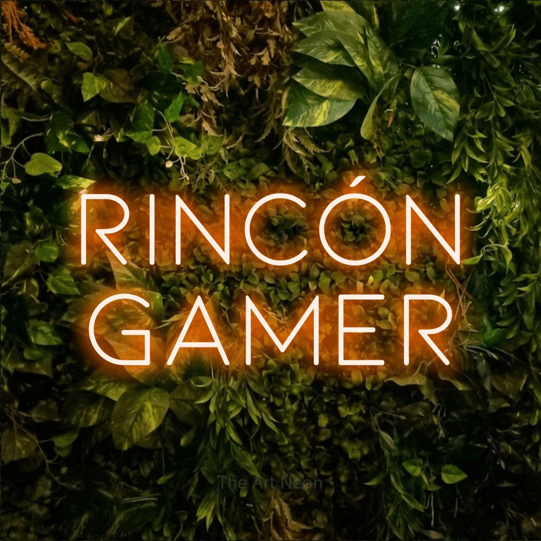 LED neon sign reading “Rincón Gamer”, arranged in 2 lines.