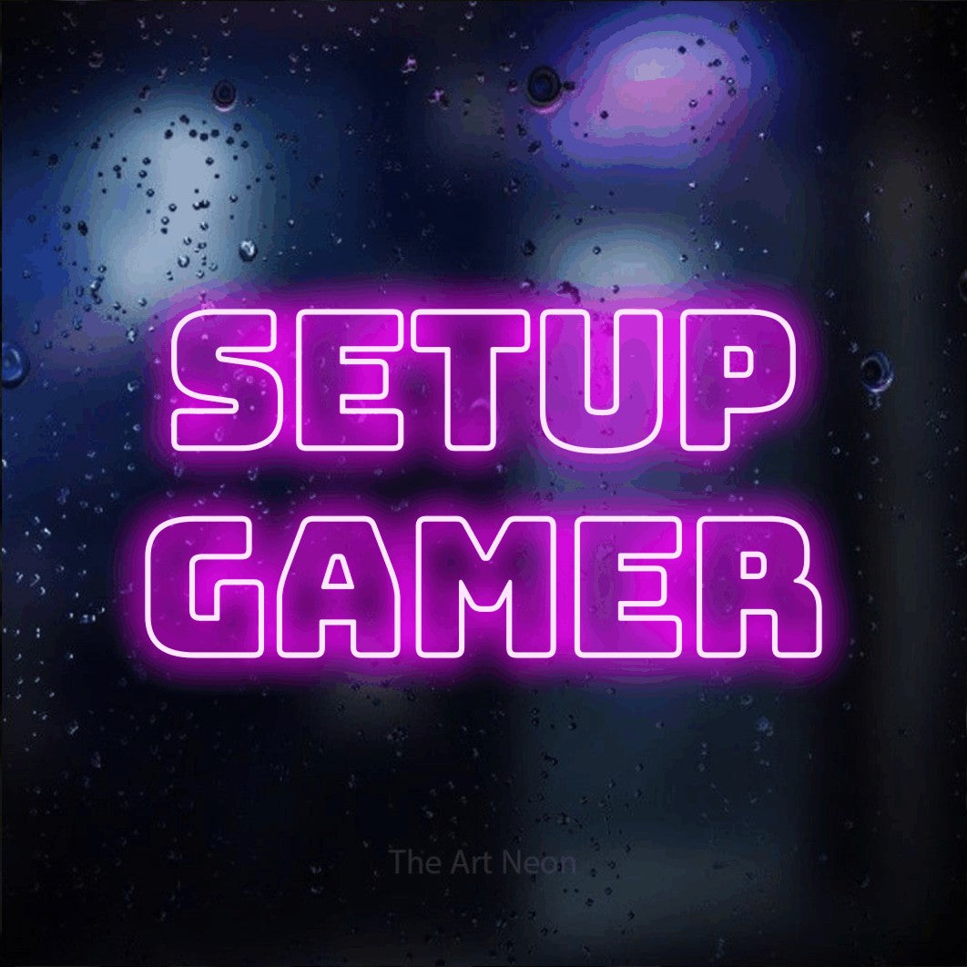 LED neon sign reading “setup gamer”, arranged in 2 lines.