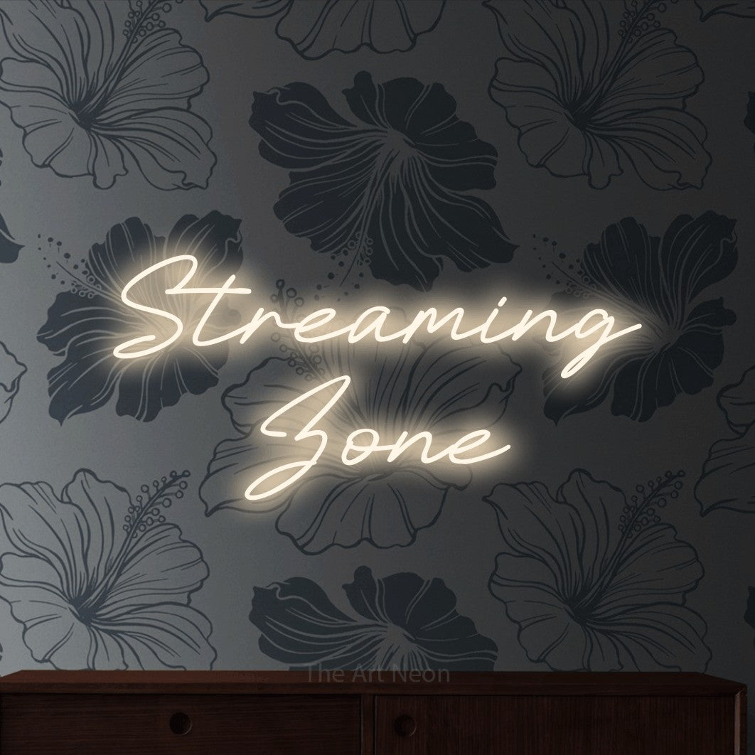 LED neon sign reading “Streaming Zone”, arranged in 2 lines.