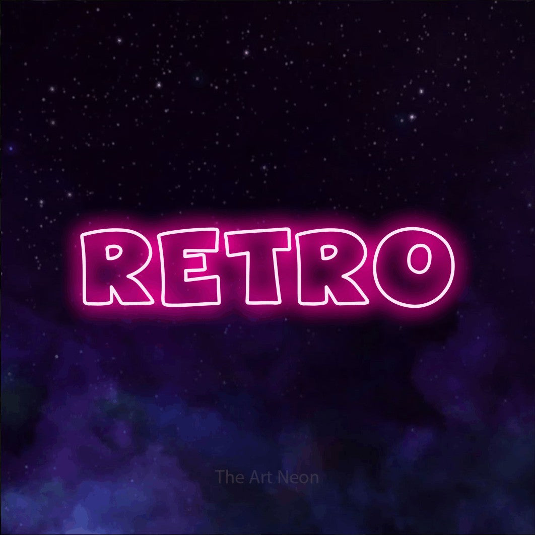 LED neon sign reading “retro”, arranged in a single line.