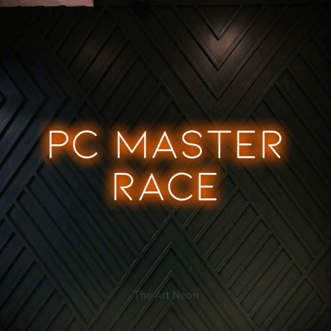 LED neon sign reading “PC Master Race”, arranged in 2 lines.