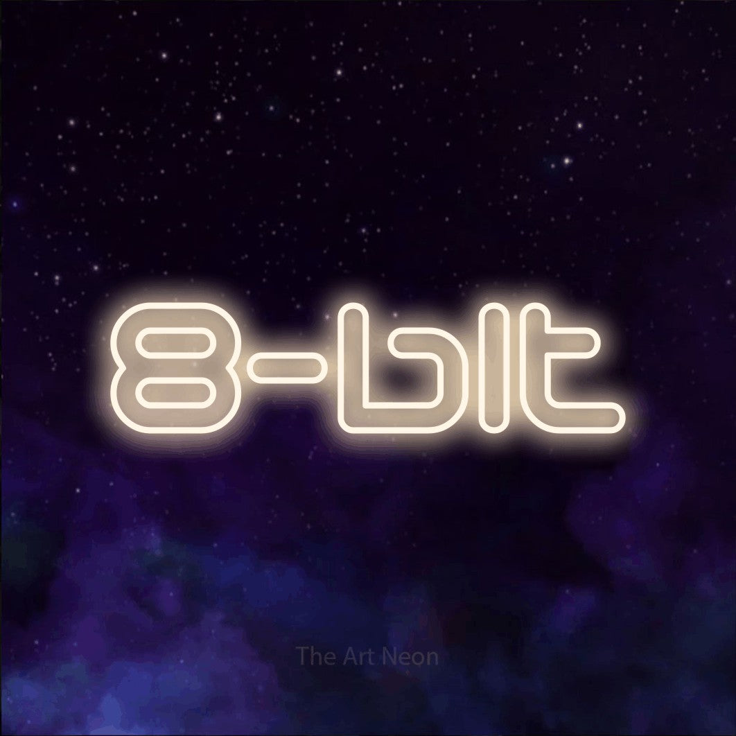 LED neon sign reading “8-bit”, arranged in a single line.