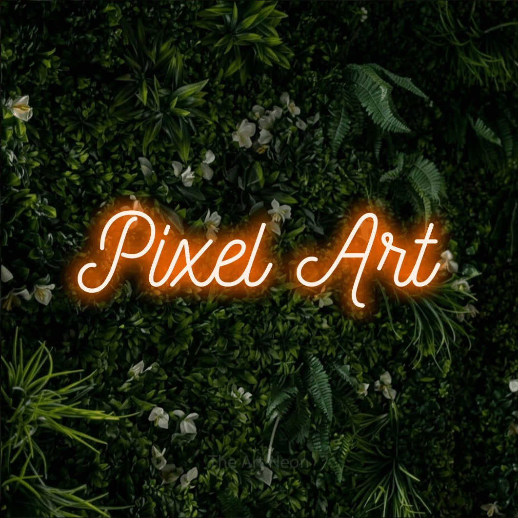 LED neon sign reading “Pixel Art”, arranged in a single line.