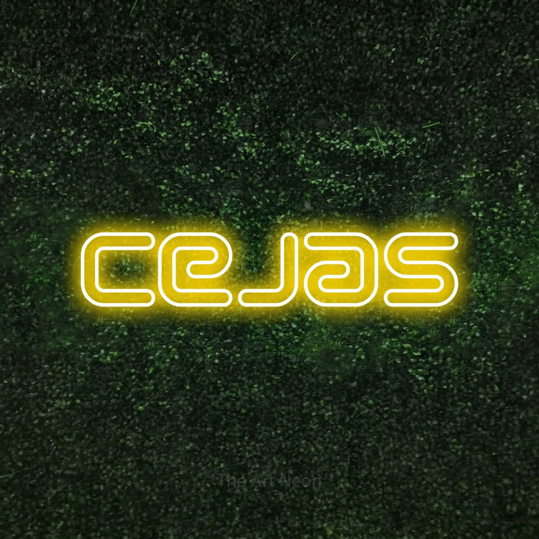 LED neon sign reading “Cejas”, arranged in a single line.