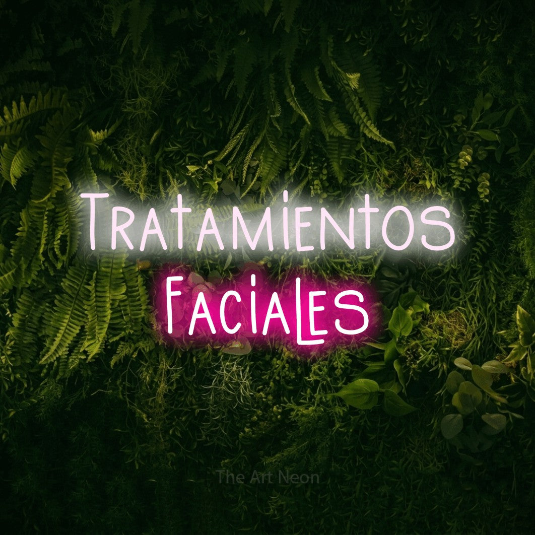LED neon sign reading “Tratamientos Faciales”, arranged in 2 lines.