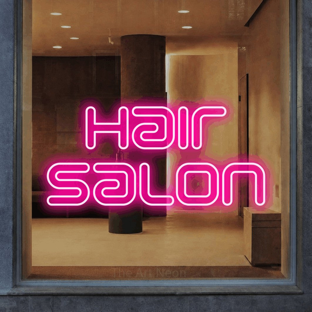 LED neon sign reading “Hair Salon”, arranged in 2 lines.