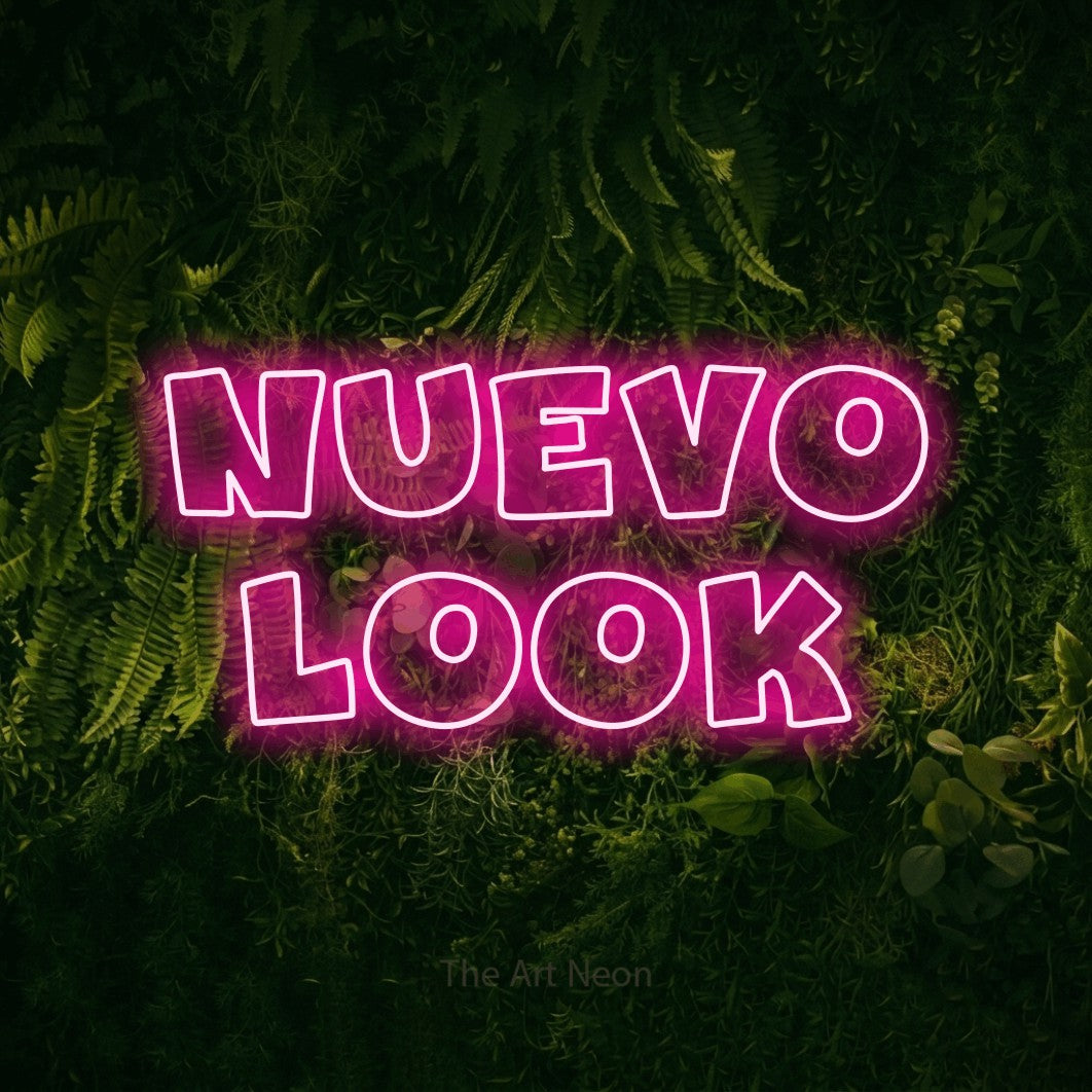 LED neon sign reading “nuevo look”, arranged in 2 lines.