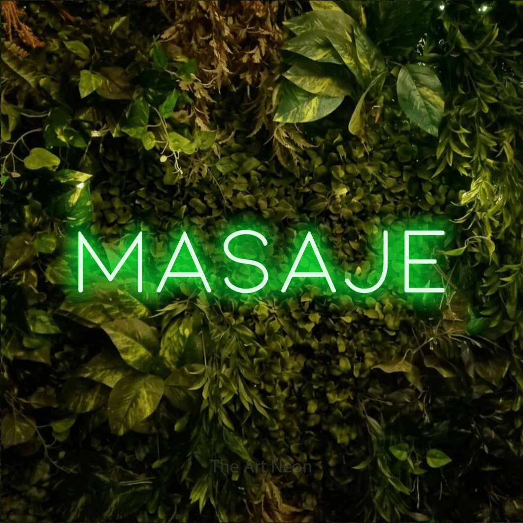 LED neon sign reading “MASAJE”, arranged in a single line.