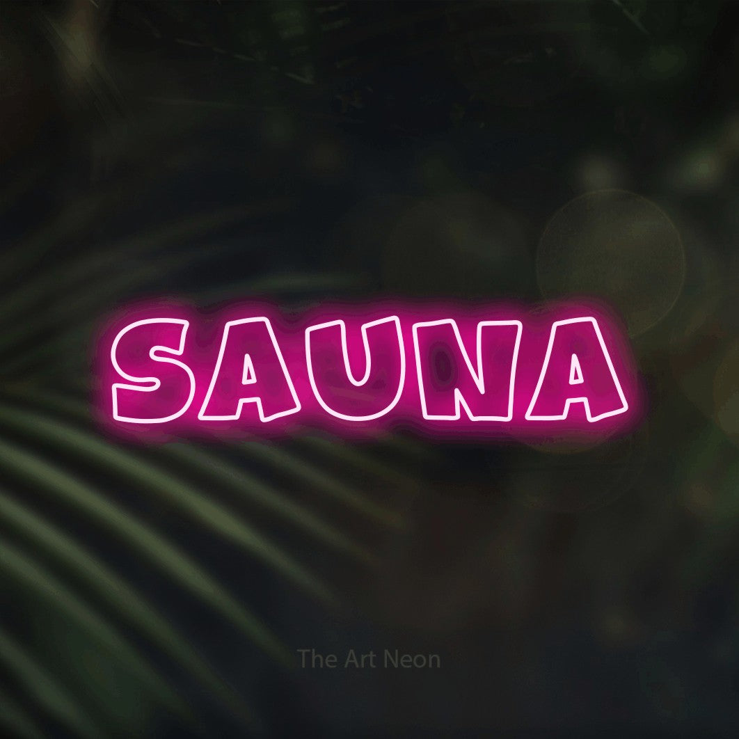LED neon sign reading “sauna”, arranged in a single line.
