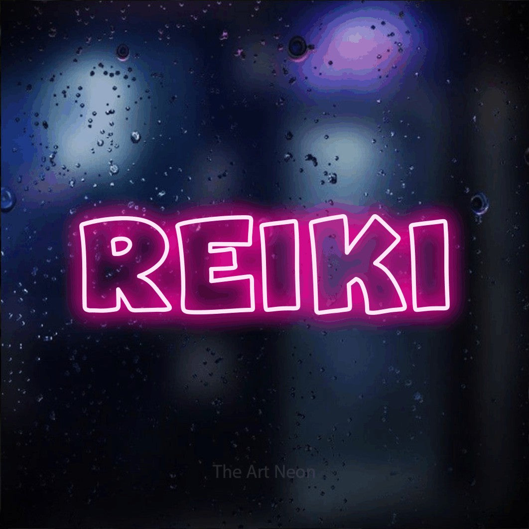 LED neon sign reading “REIKI”, arranged in a single line.