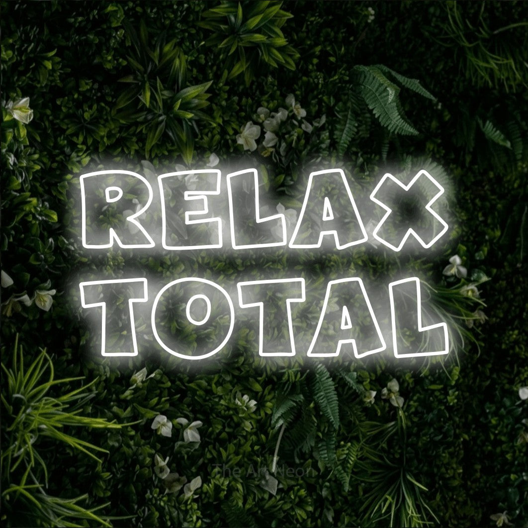 LED neon sign reading “relax total”, arranged in 2 lines.
