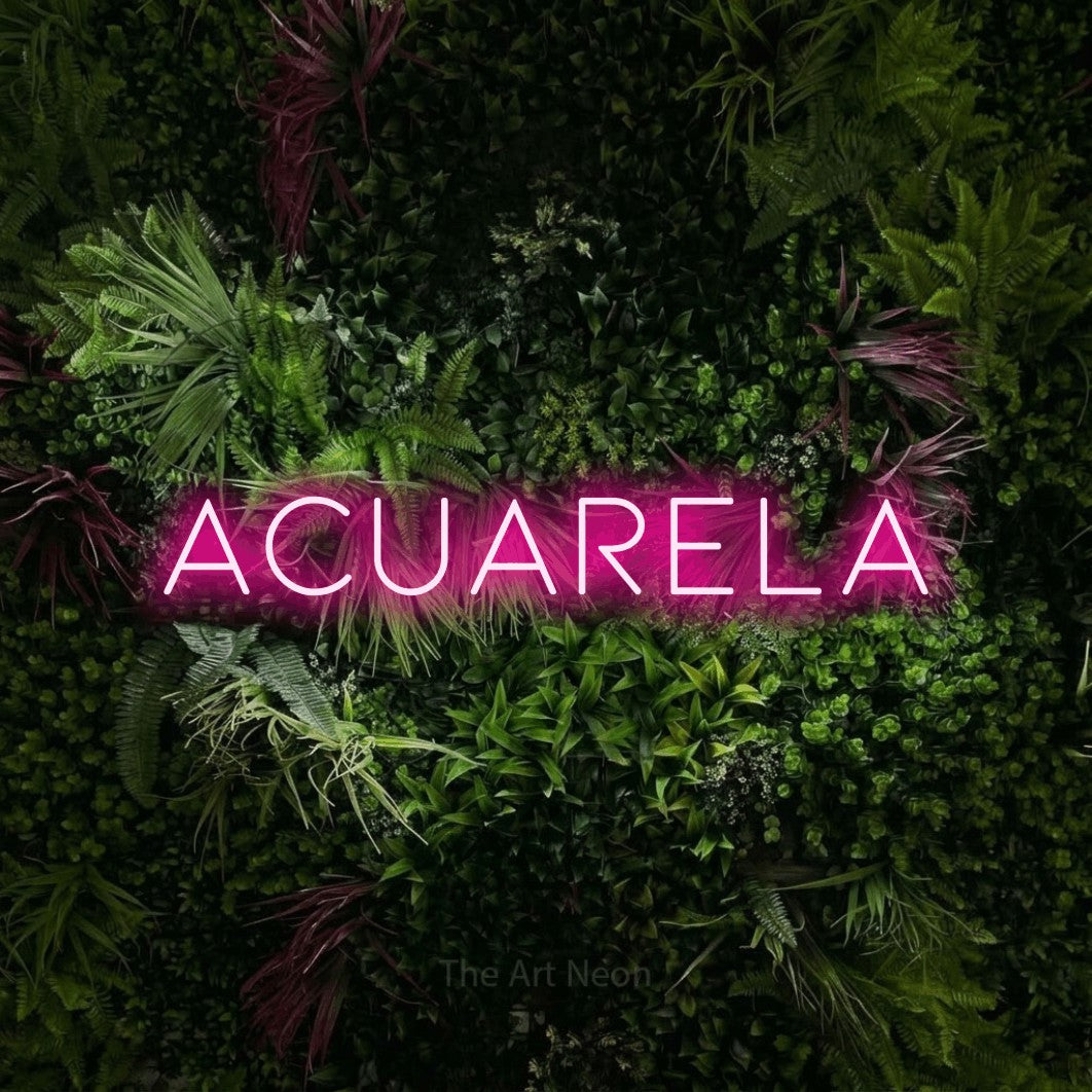 LED neon sign reading “acuarela”, arranged in a single line.