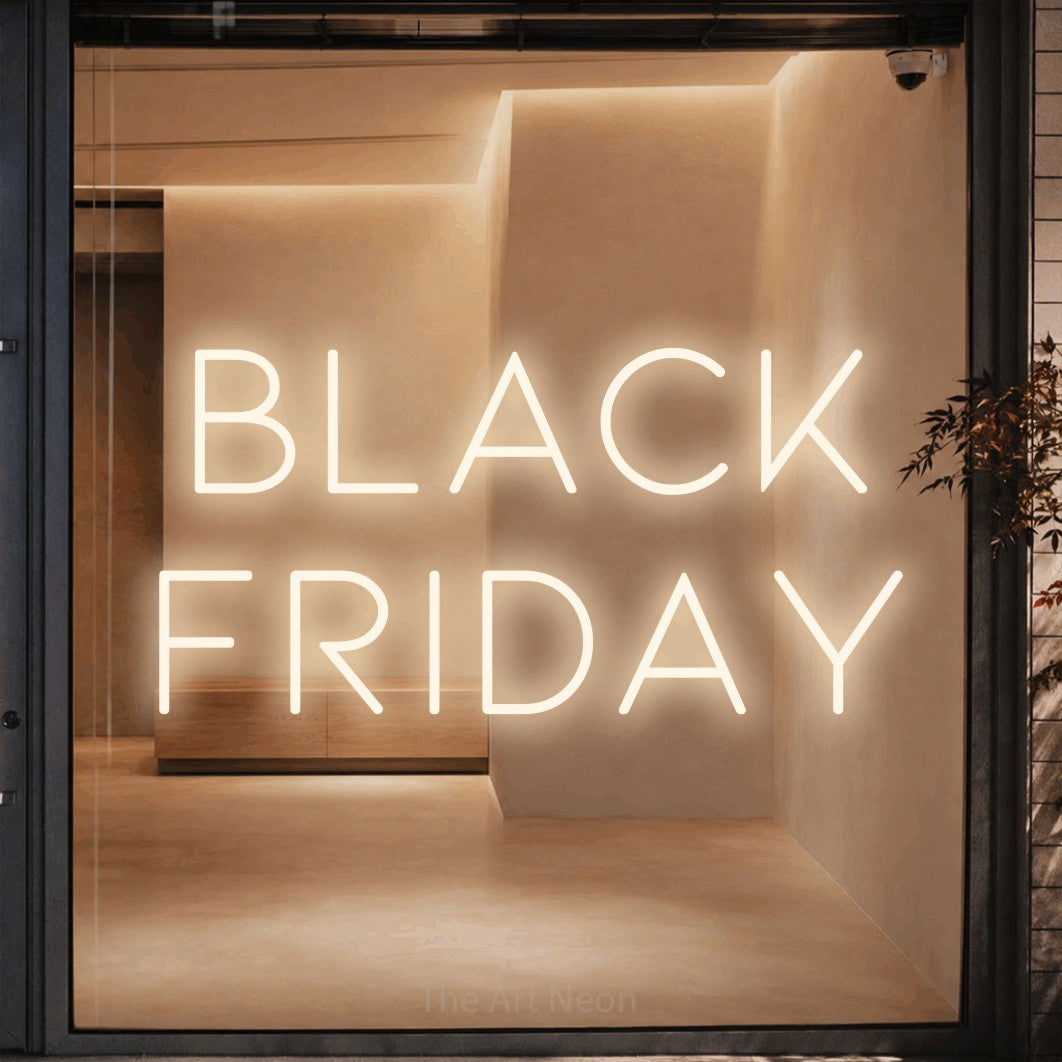LED neon sign reading “black friday”, arranged in 2 lines.
