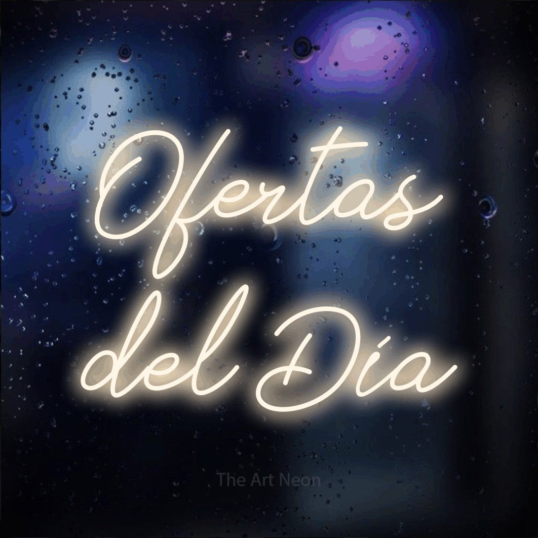 LED neon sign reading “Ofertas del Día”, arranged in 2 lines.