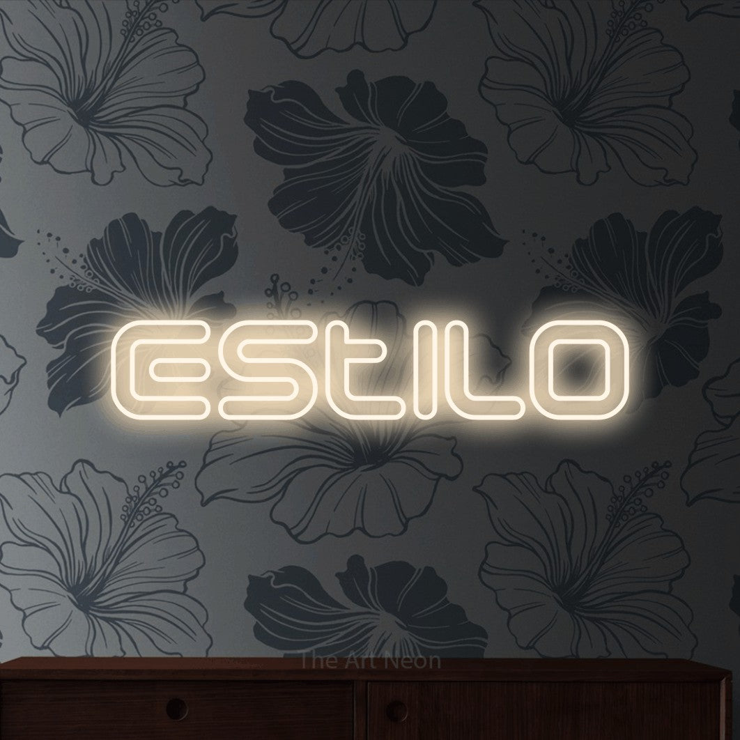 LED neon sign reading “Estilo”, arranged in a single line.