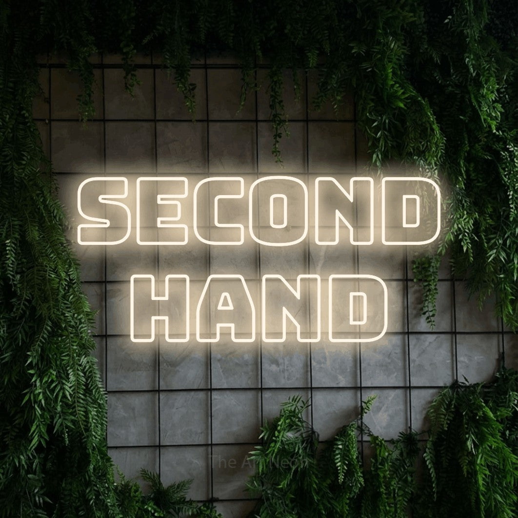 LED neon sign reading “Second Hand”, arranged in 2 lines.