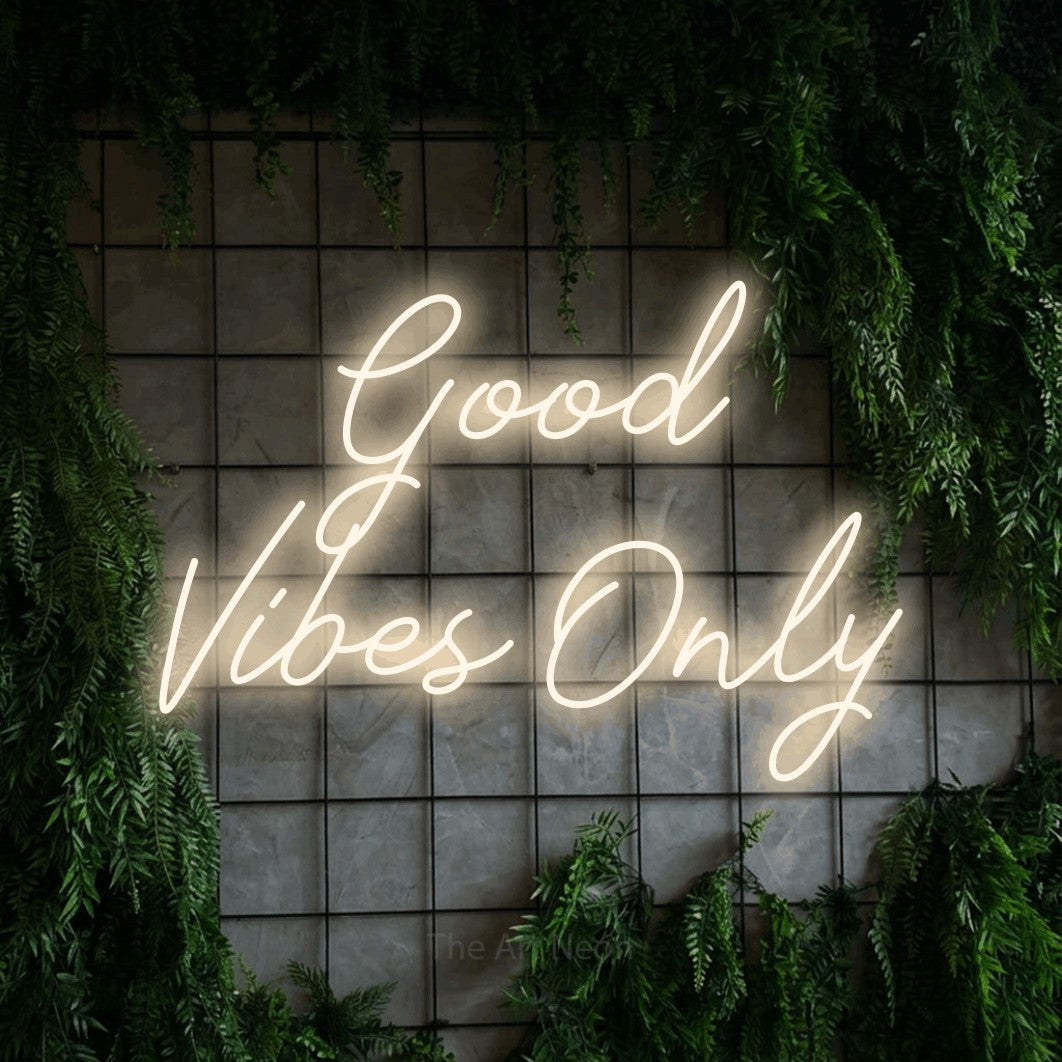 LED neon sign reading “Good Vibes Only”, arranged in 2 lines.
