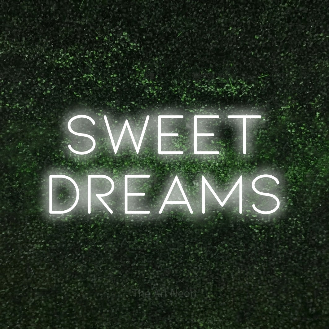 LED neon sign reading “Sweet Dreams”, arranged in 2 lines.