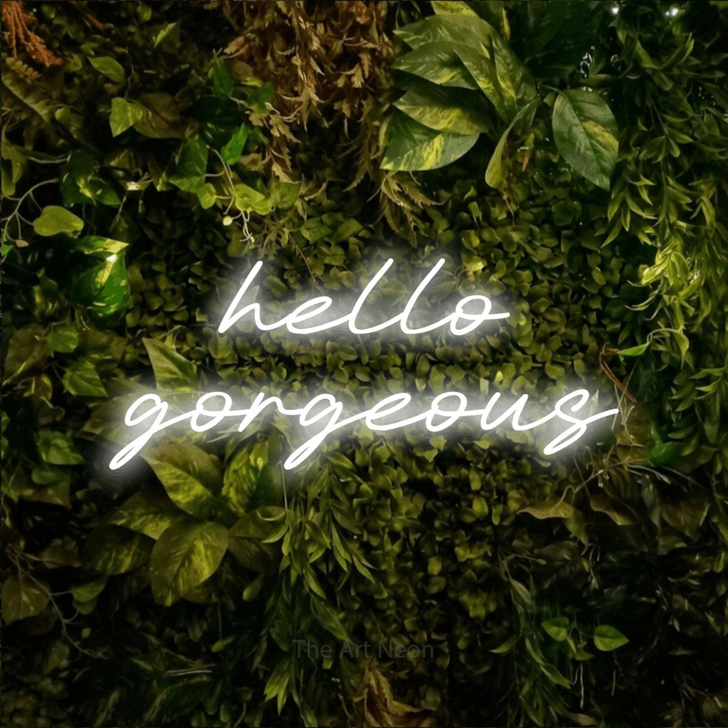 LED neon sign reading “hello gorgeous”, arranged in 2 lines.