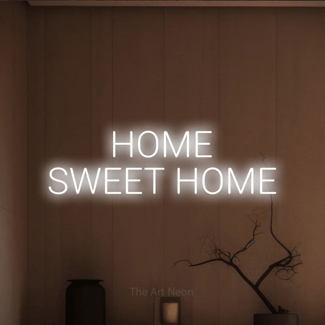 LED neon sign reading “HOME SWEET HOME”, arranged in 2 lines.