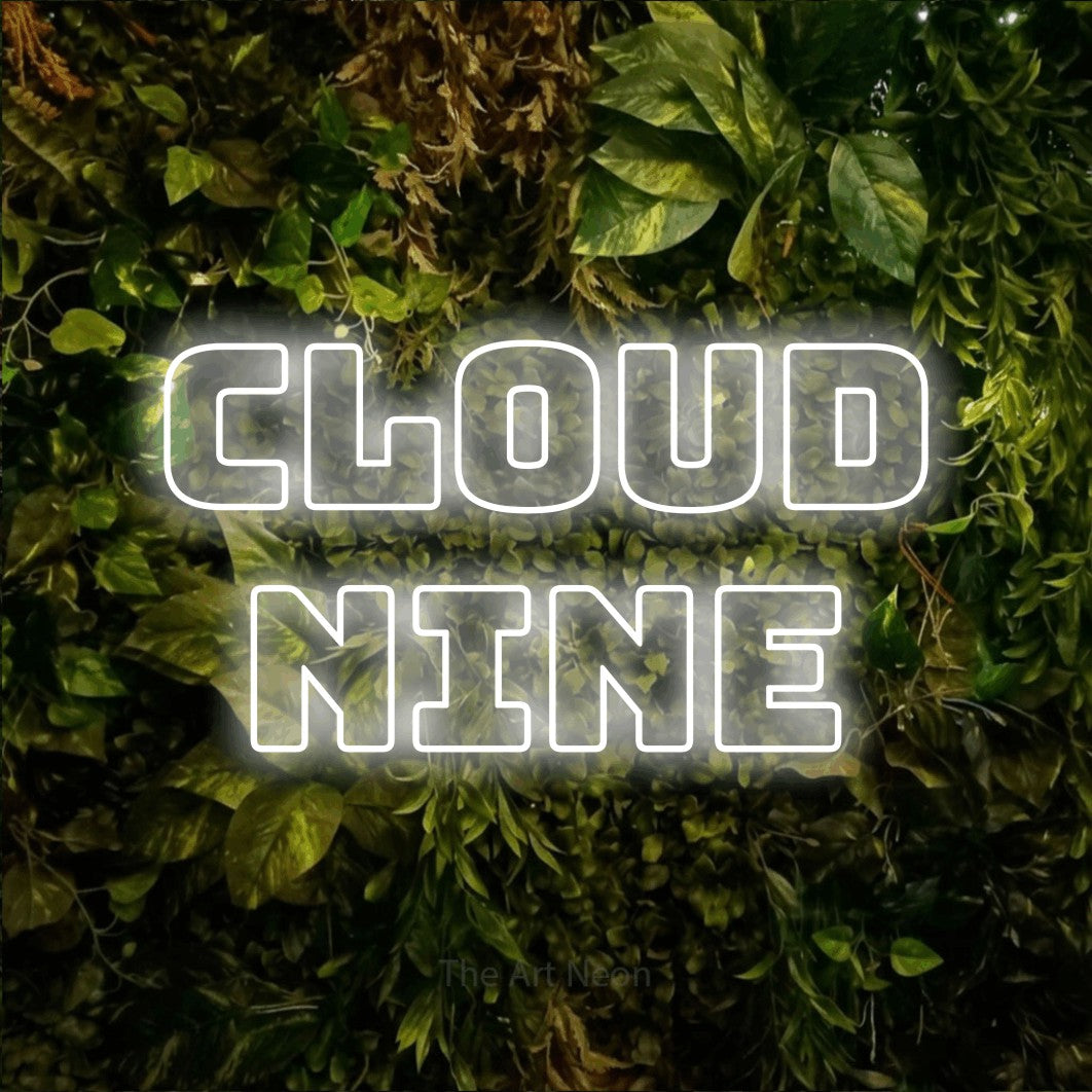 LED neon sign reading “Cloud Nine”, arranged in 2 lines.
