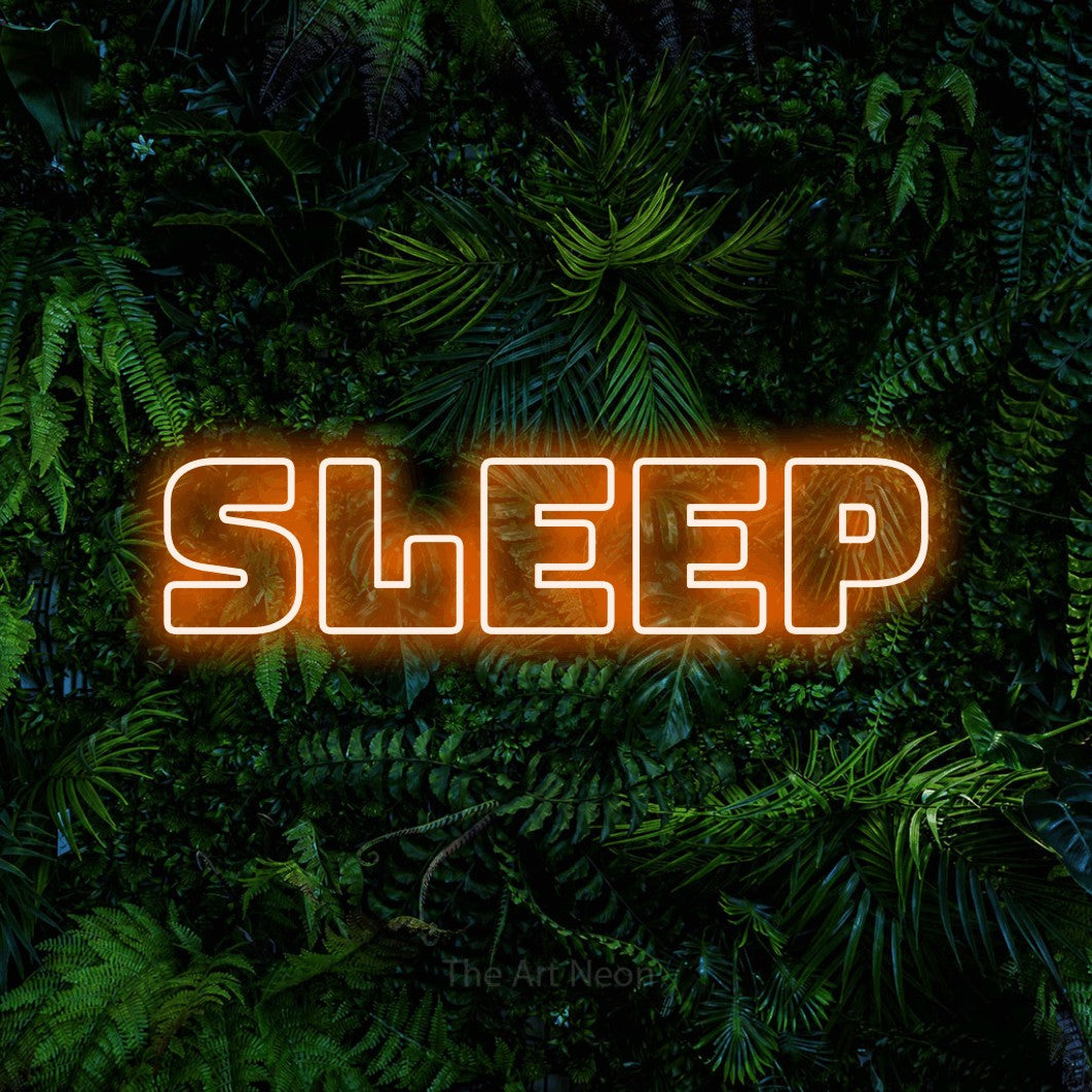 LED neon sign reading “SLEEP”, arranged in a single line.