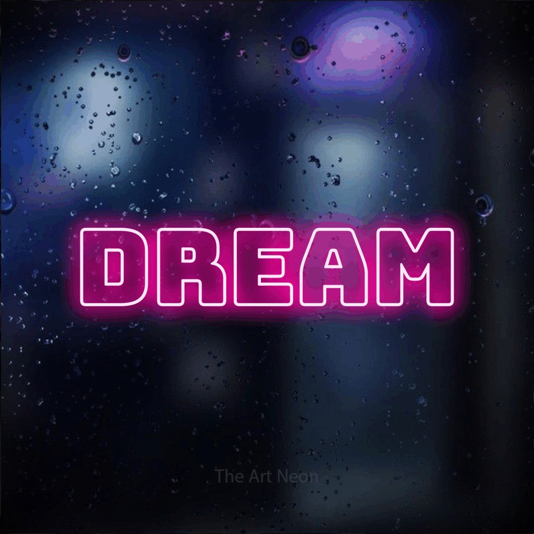 LED neon sign reading “dream”, arranged in a single line.