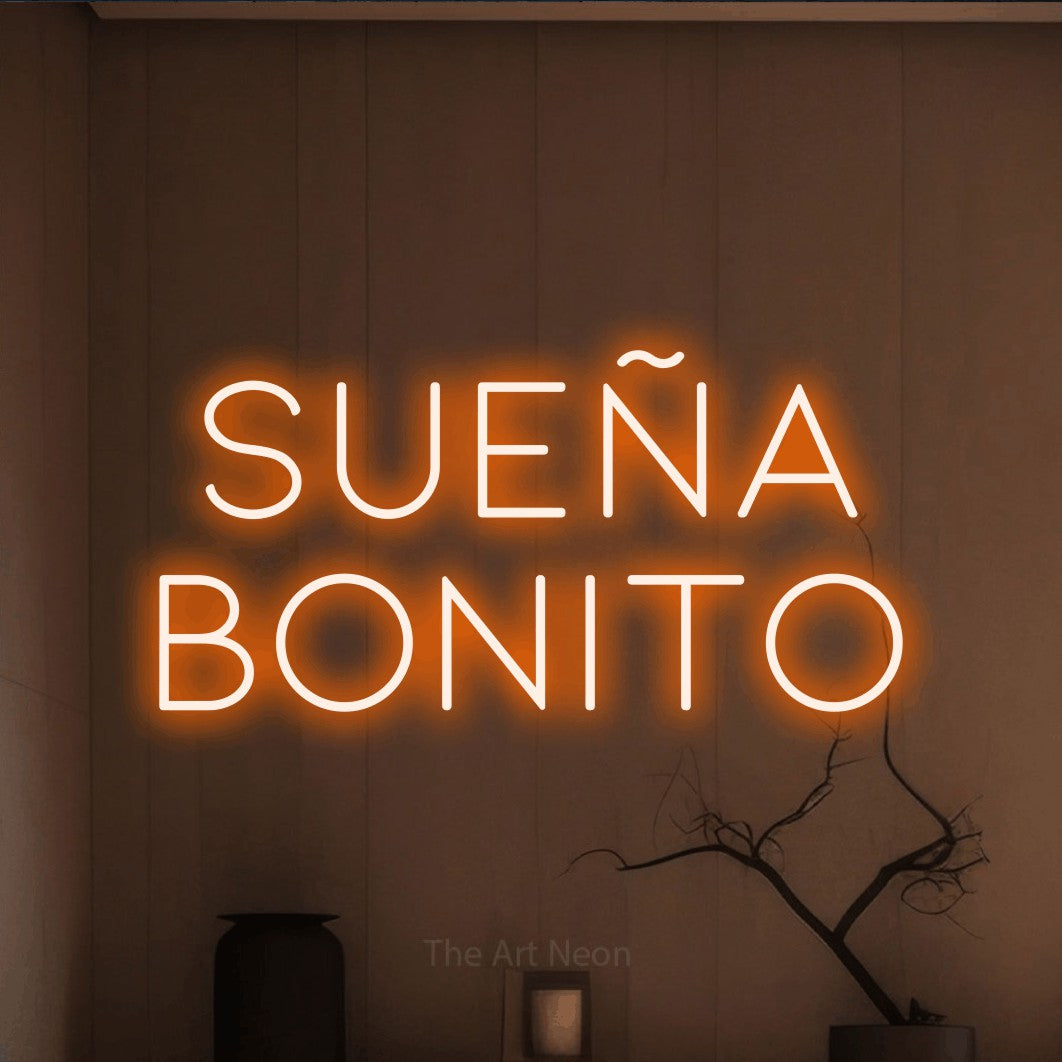 LED neon sign reading “SUEÑA BONITO”, arranged in 2 lines.
