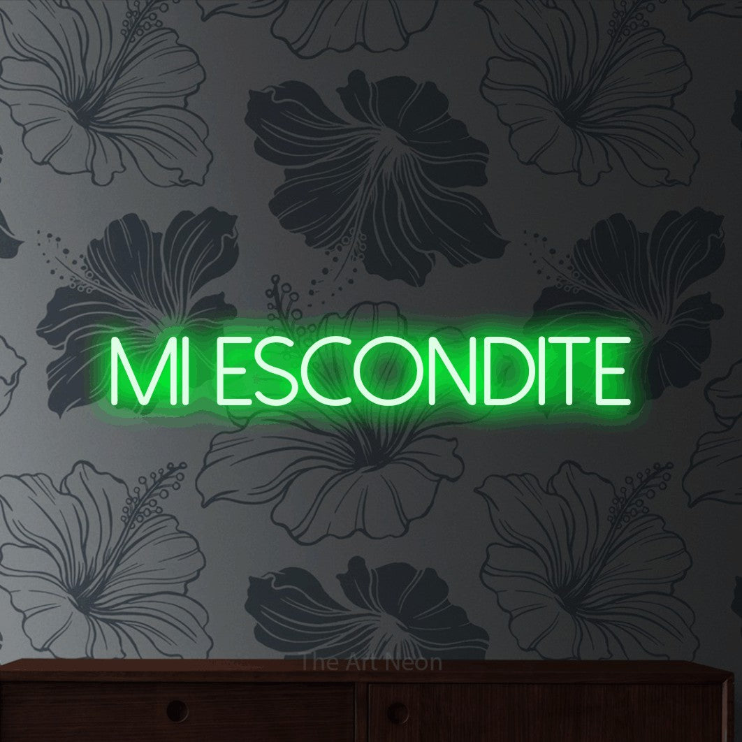 LED neon sign reading “Mi Escondite”, arranged in a single line.