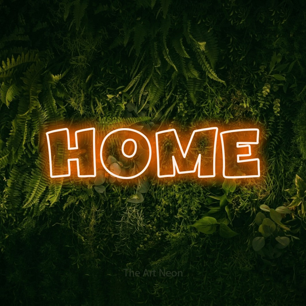 LED neon sign reading “Home”, arranged in a single line.