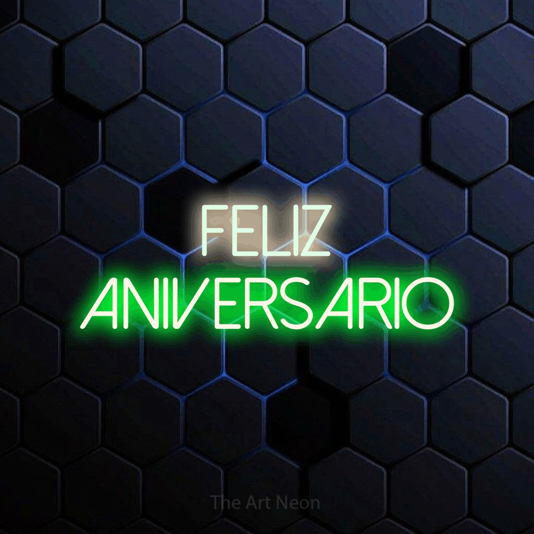 LED neon sign reading “FELIZ ANIVERSARIO”, arranged in 2 lines.