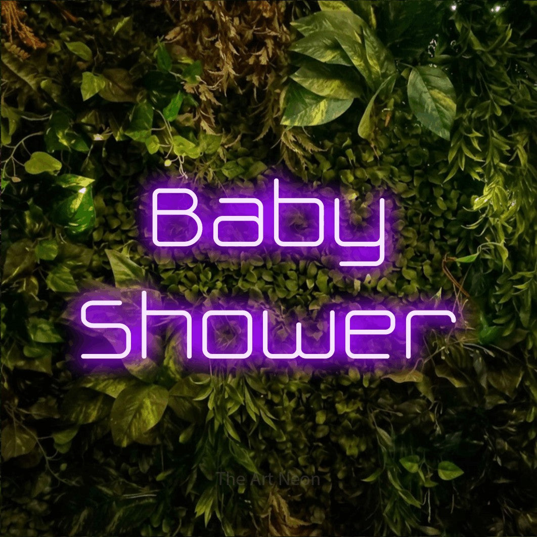 LED neon sign reading “Baby Shower”, arranged in 2 lines.