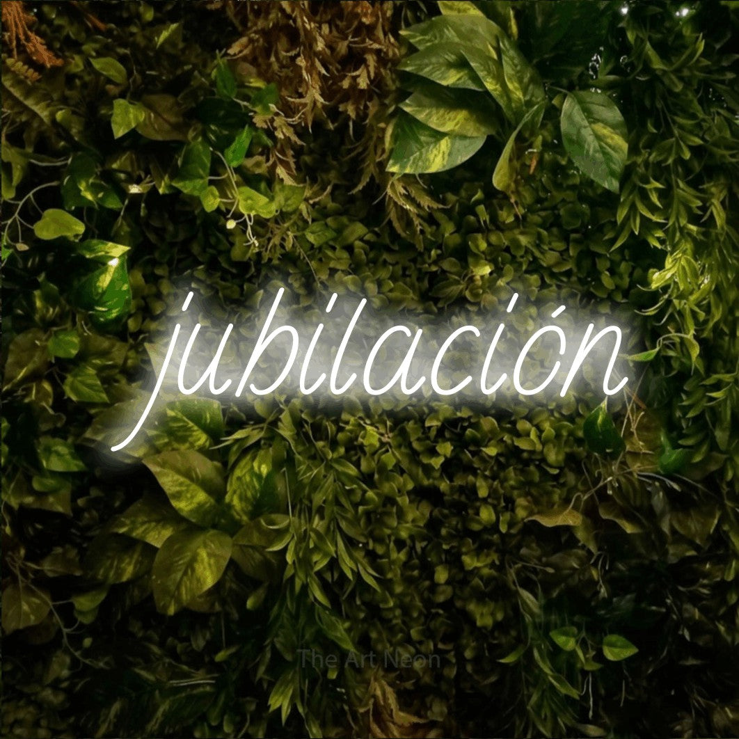 LED neon sign reading “jubilación”, arranged in a single line.