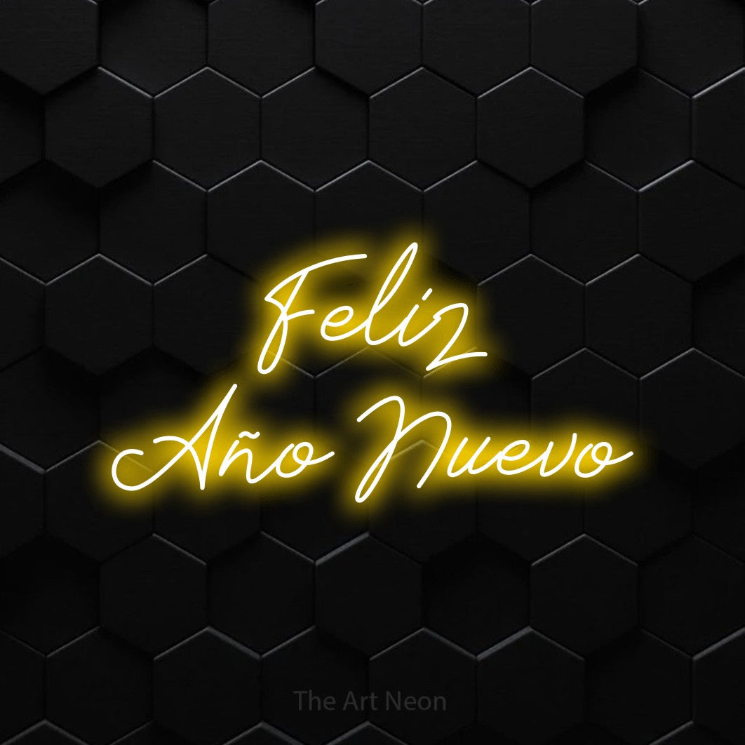 LED neon sign reading “Feliz Año Nuevo”, arranged in 2 lines.