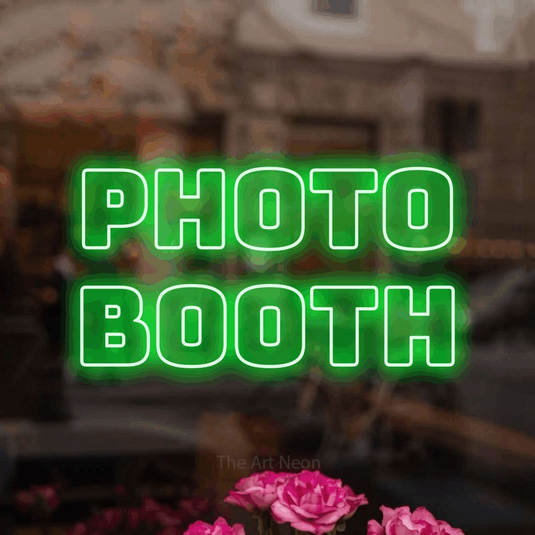 LED neon sign reading “PHOTO BOOTH”, arranged in 2 lines.