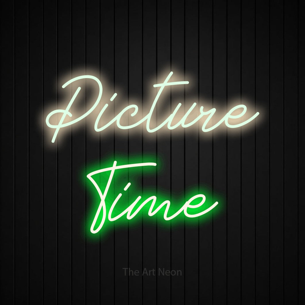 LED neon sign reading “Picture Time”, arranged in 2 lines.