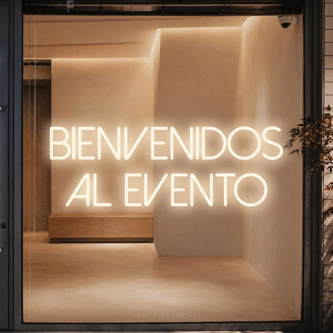LED neon sign reading “Bienvenidos al Evento”, arranged in 2 lines.