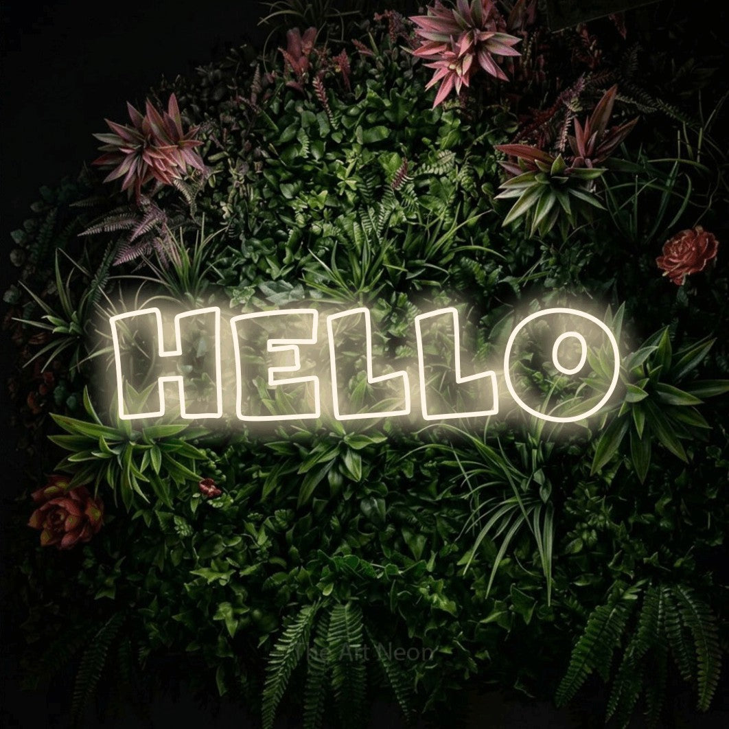 LED neon sign reading “HELLO”, arranged in a single line.